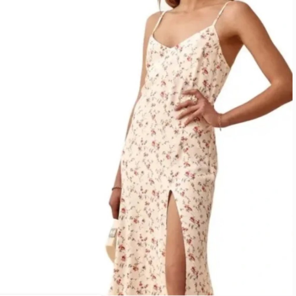 Reformation Cream Floral Slip Dress with Pink & Green Print